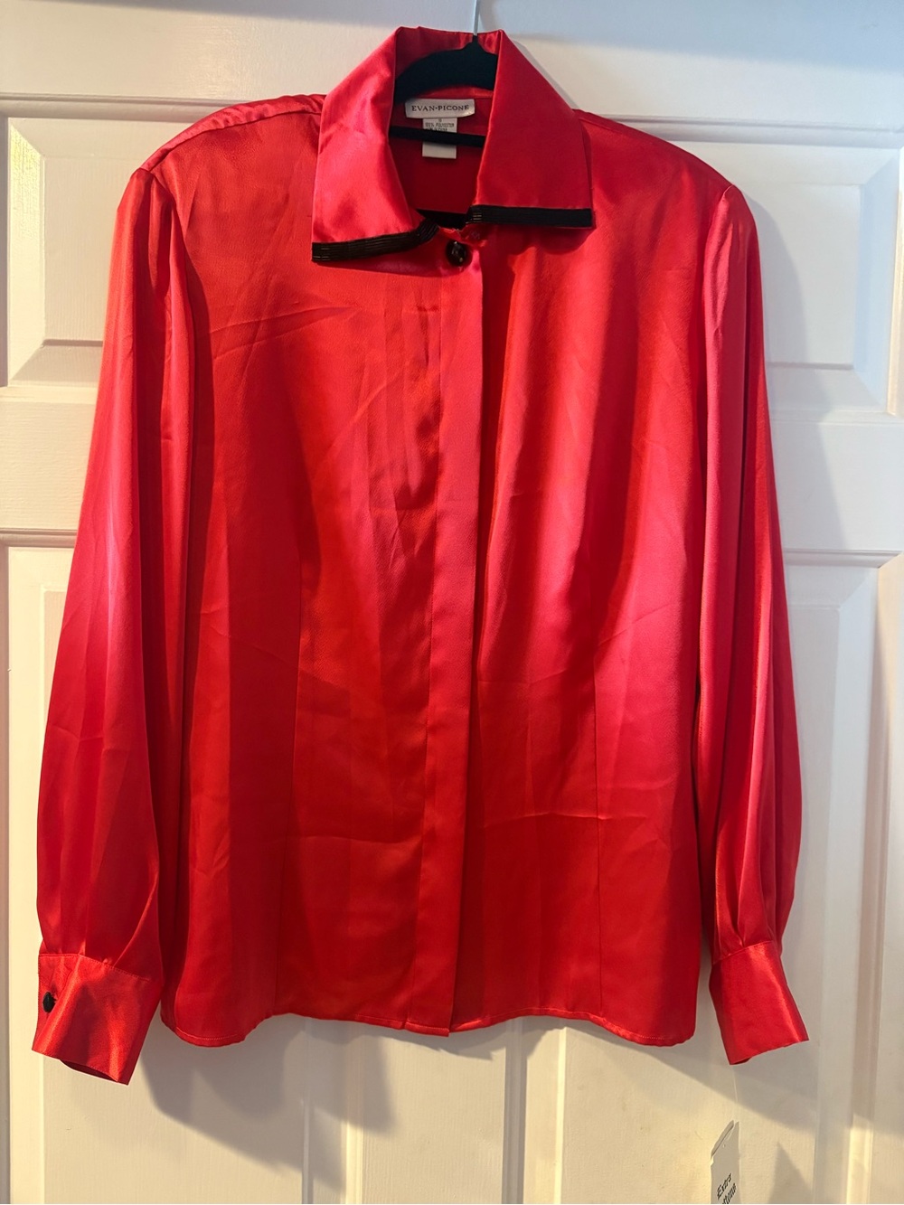 Evan Picone Vintage Deadstock red satin button down shirt with beaded collar
